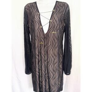 Savee Laguna Beach Wavy Laise Chain Front Swim Dress Chic Sexy Black Resort Sz L